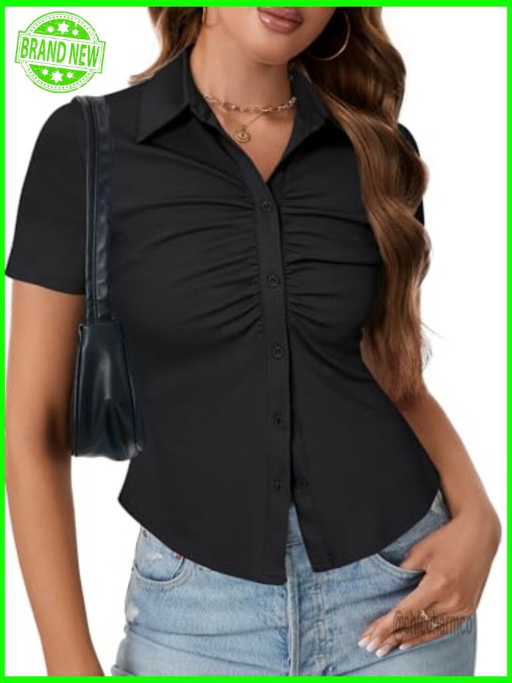 Women's Collar V-Neck Button Front Slim Fitted Ribbed Knit Short Sleeve Blouse - Picture 3 of 7